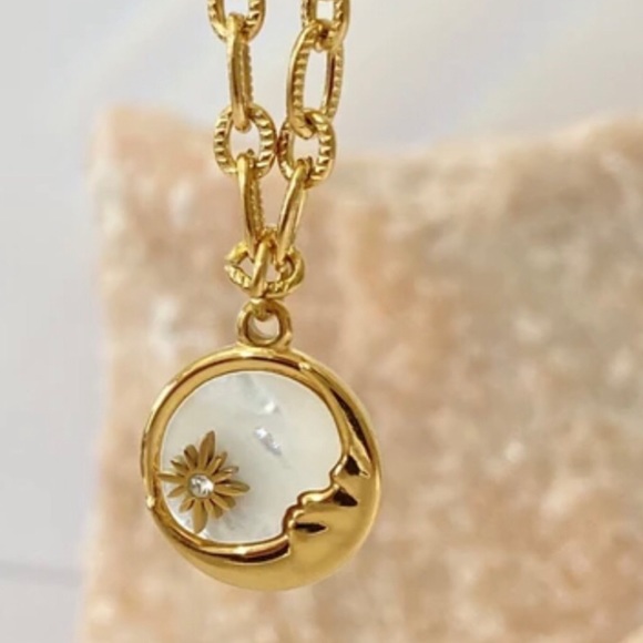 “Mother of Pearl Moon & Star” White Iridescent Shell Crescent Starburst Necklace - Picture 6 of 16